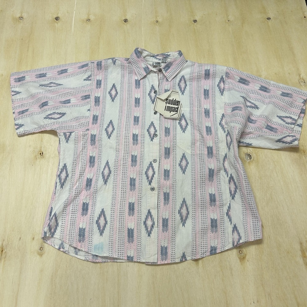 Vintage Sudden Impact Shirt Mens Large Multicolor Pastel Short Sleeve Button Up